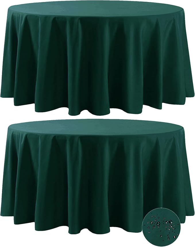 Fokitut 2 Pack Waterproof Round Tablecloth, 108 Inch, Stain Resistant and Wrinkle Polyester Table Cloth, Fabric Table Cover for Kitchen Dining, Wedding, Party, Holiday Dinner-Hunter