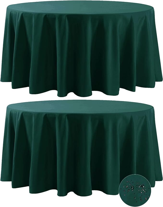 Fokitut 2 Pack Waterproof Round Tablecloth, 132 Inch, Stain Resistant and Wrinkle Polyester Table Cloth, Fabric Table Cover for Kitchen Dining, Wedding, Party, Holiday Dinner-Hunter