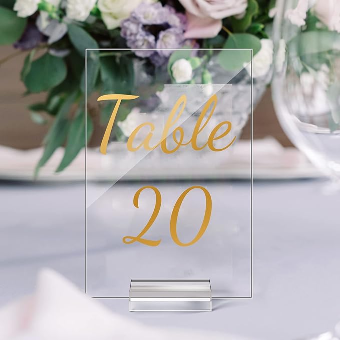 Tuanse 40 Pack Gold Acrylic Wedding Table Numbers 1-40 Clear Stand with Calligraphy Holders - 4 x 6 Inch Acrylic Table Signs for Wedding Reception Centerpieces