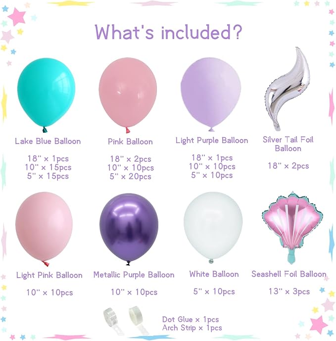 119Pcs Mermaid Balloon Garland Kit - Mermaid Tail Arch Party Decorations with Pink, Purple, Blue Balloons for Girls Under The Sea Birthday Party