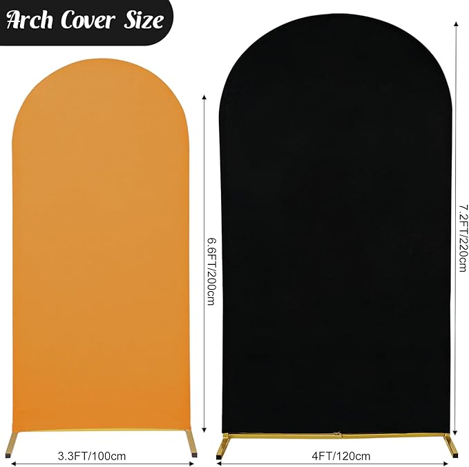 Set of 2 Spandex Fitted Arch Backdrop Cover Wedding Arch Cover Round Top Chiara Arch Backdrop Stand Covers for Birthday Party Baby Shower Wedding Arch Decor（6.6 FT Gold, 7.2 FT Black）