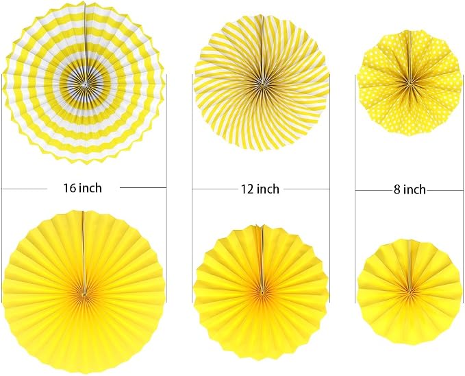 6 Pcs Yellow Paper Fans Party Decorations (16", 12", 8"), Hanging Tissue Paper Streamers for Lemonade Theme Birthday Party, Graduation, Baby Shower, Reusable Fiesta Wall Decor & Photo Backdrop