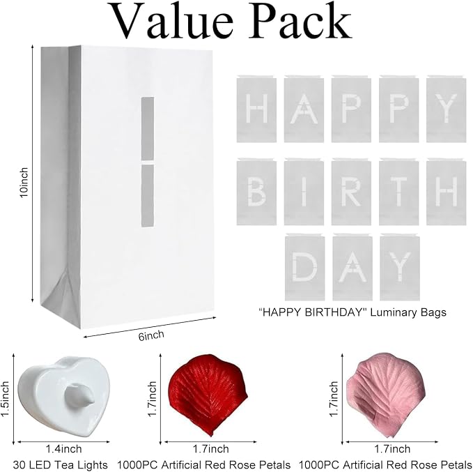 Happy Birthday Decorations for Women Men, Light Up Letters Luminary Bags with 30PC Bright LED Candles and 2000PC Fake Rose Petals, Surprise Birthday Party Banner Signs