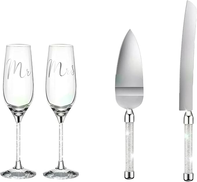 Wedding Cake Knife and Server Set, Mr and Mrs Champagne Flutes, Bride and Groom Champagne Glasses and Wedding Cake Cutting Set for Valentines, Wedding, Engagement, Bridal Shower Gifts (Silver)