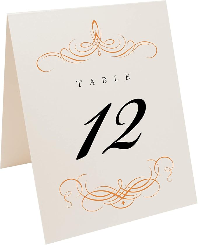 Decadent Flourish Wedding Table Numbers (Select Color/Quantity), Champagne, Orange, 1-110, Double Sided, Tent or Use in a Stand, Great for Parties & Restaurants - Made in the USA