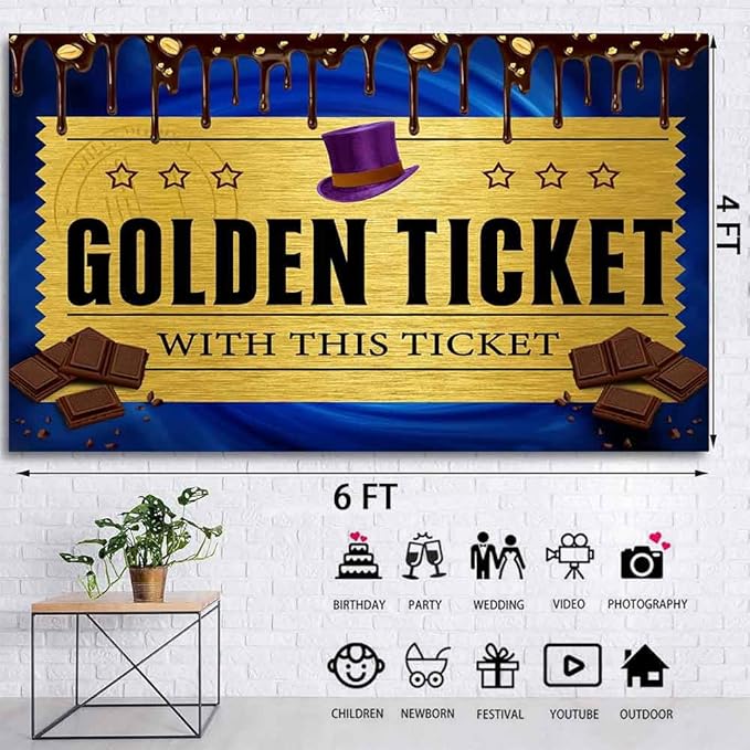 6x4FT Golden Ticket Photography Backdrop with Factory Backdrops Candy Photo Background Chocolate Factory Backdrop for Boy Girl Birthday Party Newborn Decoration Photo Booth TAYHBDJ105