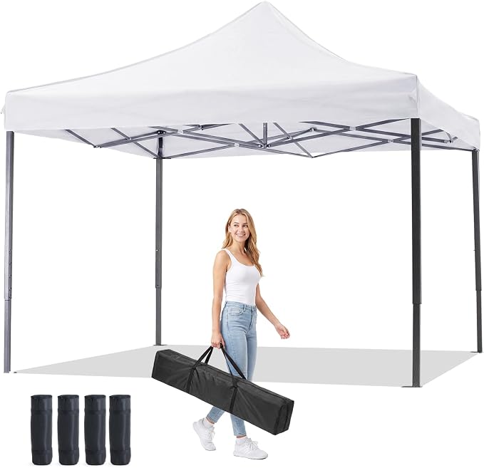OLIXIS 10x10 FT Pop Up Canopy Tent, Sun Shade Instant Beach Canopy with Windproof Sand Bags, Heavy Duty Portable Outdoor Shelter for Beach Yard Party Events, Solid White