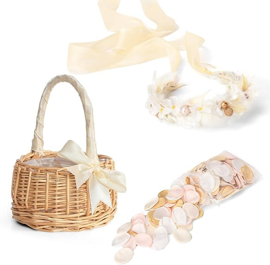 TINGE TIME Set of 3 Artificial Flowers Decoration Wedding Basket for Flower Girl with Flower Crown, Flowers Basket, 400pcs Silk Rose Petals (Champagne & Pink)