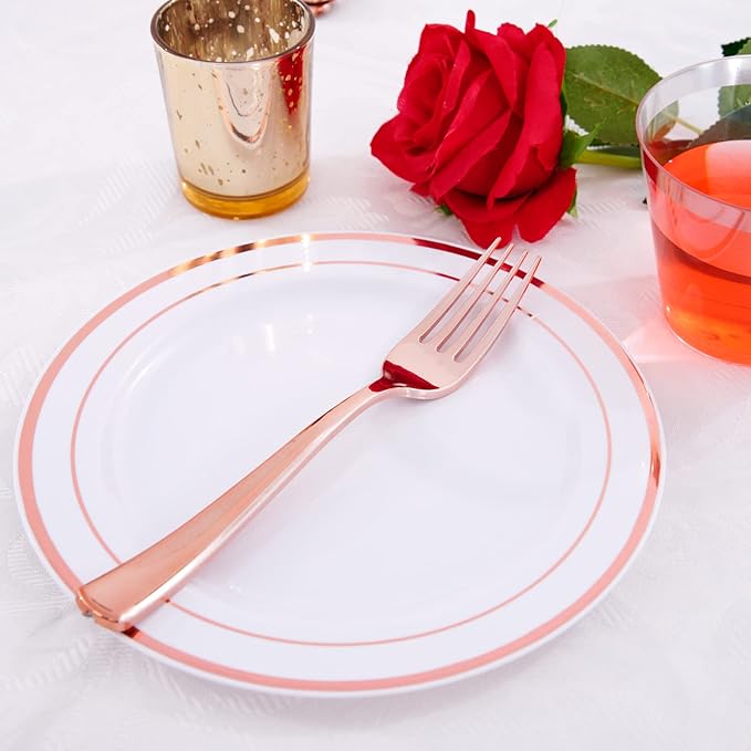 WDF 300 Pieces Rose Gold Plastic Silverware- Disposable Flatware Set - Heavy Duty Plastic Cutlery Includes 100 Forks, 100 Spoons, 100 Knives Perfect for Wedding/Party/Birthday/Mother's Day