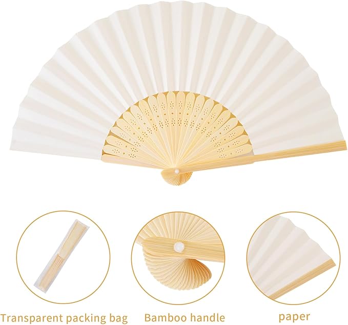 Sepwedd 50pcs Cream-Coloured Paper Hand Fan Bamboo Folding, Handheld Paper Fan for Wedding Party and Home Decoration