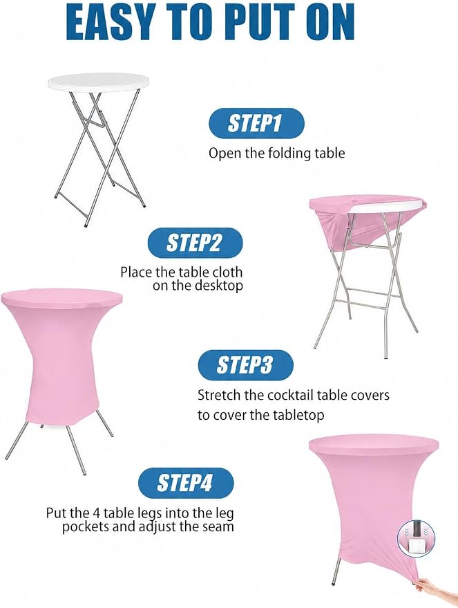 Cocktail Table Covers - 2 Pack 32x43 Inch Table Cloth - Pink Fitted Stretch Spandex Round High Top Tablecloth for Party, Bar, Birthday, Pub, Banquet