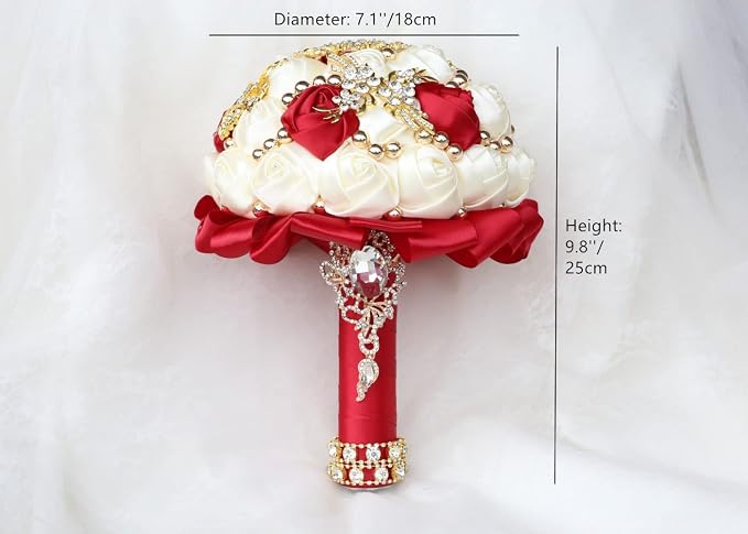 Bridal Wedding Bouquet Luxury Gold Rhinestone Brooch Bouquet for Bride Bridesmaid Quinceanera Artificial Satin Rose Flower Bouquet Wedding Burgundy and Ivory 7.1in
