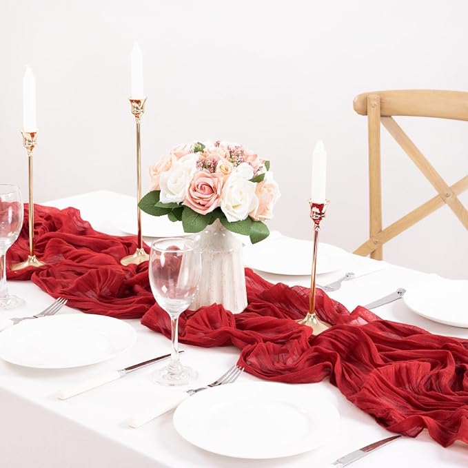 MLMC Red Table Runner 10ft Boho Gauze Cheesecloth Table Runner Rustic Cheese Cloth Decor 35x120 Inches for Wedding Reception Annniversary Home Decor
