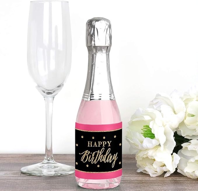 Big Dot of Happiness Chic Happy Birthday - Pink, Black and Gold - Mini Wine and Champagne Bottle Label Stickers - Birthday Party Favor Gift for Women and Men - Set of 16