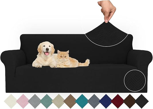 JIVINER Stretch Oversized Sofa Covers 1 Piece 4 Seater Couch Covers Jacquard Universal Sofa Slipcovers for Extra Large Funiture Protector for Kids, Pets (Black, XL Sofa)