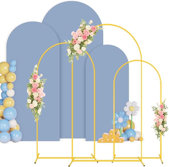 Metal Arch Stand and Cover Set 7.2FT, 6.6FT, 6FT Dusty Blue Arch Cover Set of 3 Gold Arched Frame Balloon Background Arches Stand with Cover for Wedding Ceremony Birthday Party Baby Shower Decor