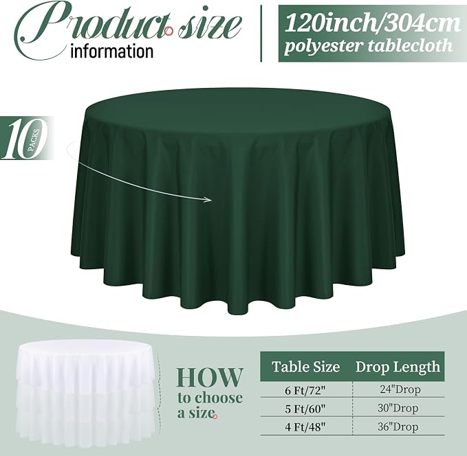 Pesonlook 10 Pack Hunter Green 120 Inch Round Tablecloths, Polyester Tablecloths for Round Tables, Wrinkle & Stain Resistant, Perfect for Wedding, Party, Dining, Banquet