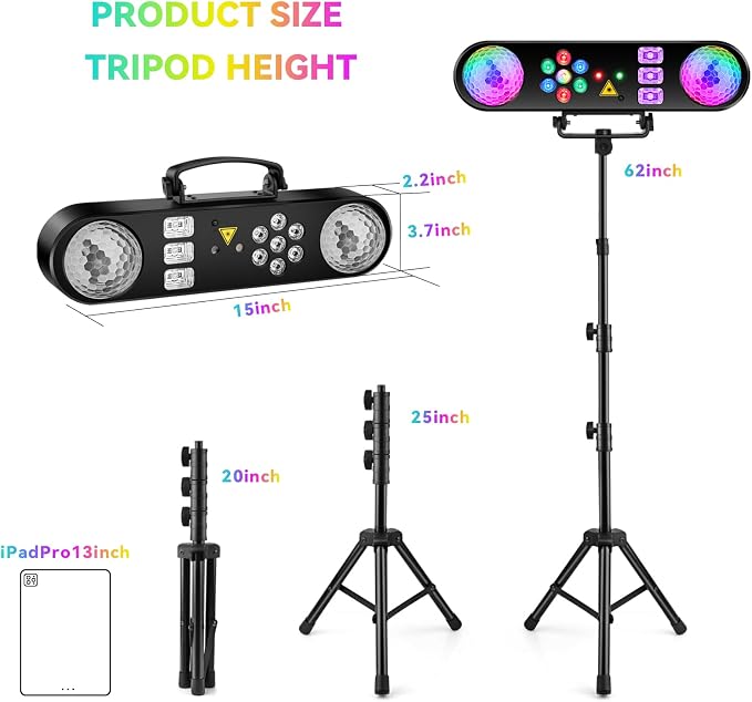 DJ Party Lights with Stand: Complete 5IN1 Light Bar System - Sound Activated Disco Ball UV Blacklight Strobe LED Par & Pattern Lights - Tripod Stand for House Parties Mobile DJs Christmas Lighting