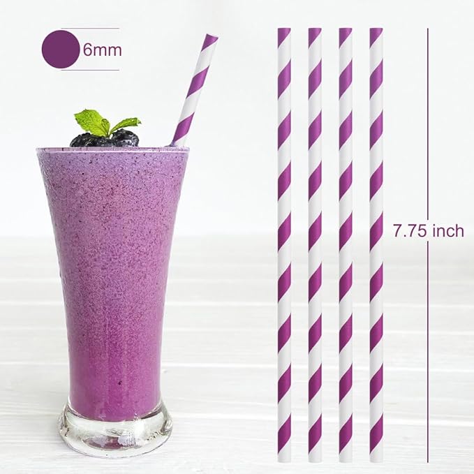 ALINK 100 Purple and White Striped Paper Straws, Biodegradable Disposable Drinking Straws for Valentine's Day, Halloween, Bridal Shower, Brithday, New Year, Party Decoration