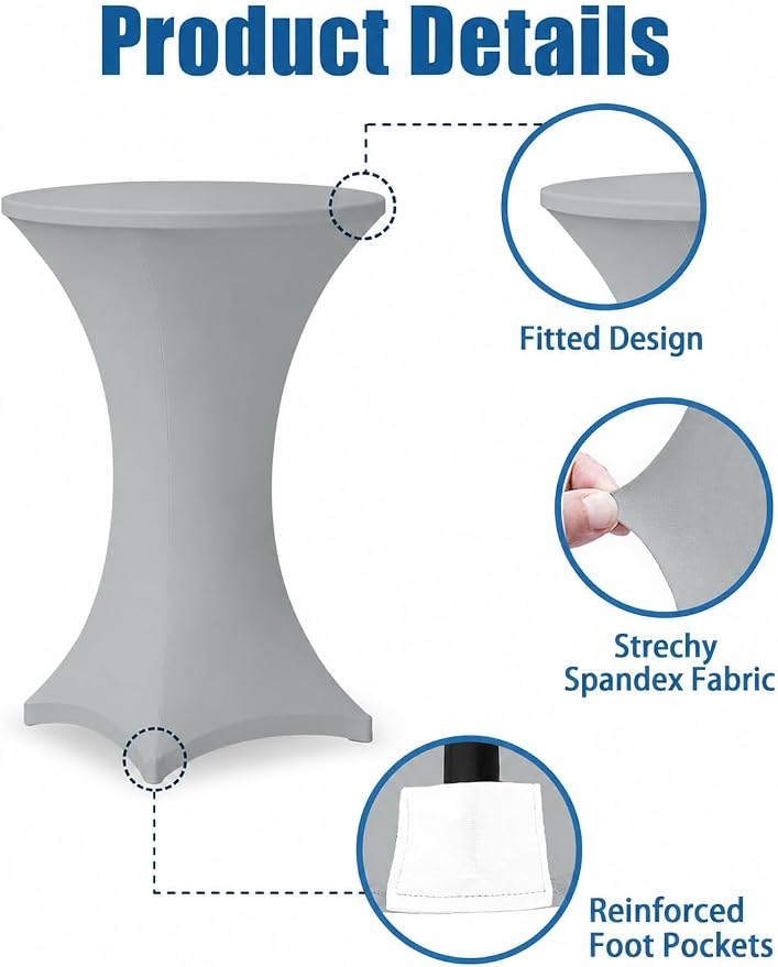 Cocktail Table Covers - 6 Pack 32x43 Inch Table Cloth - Light Grey Fitted Stretch Spandex Round High Top Tablecloth for Party, Bar, Birthday, Pub, Banquet