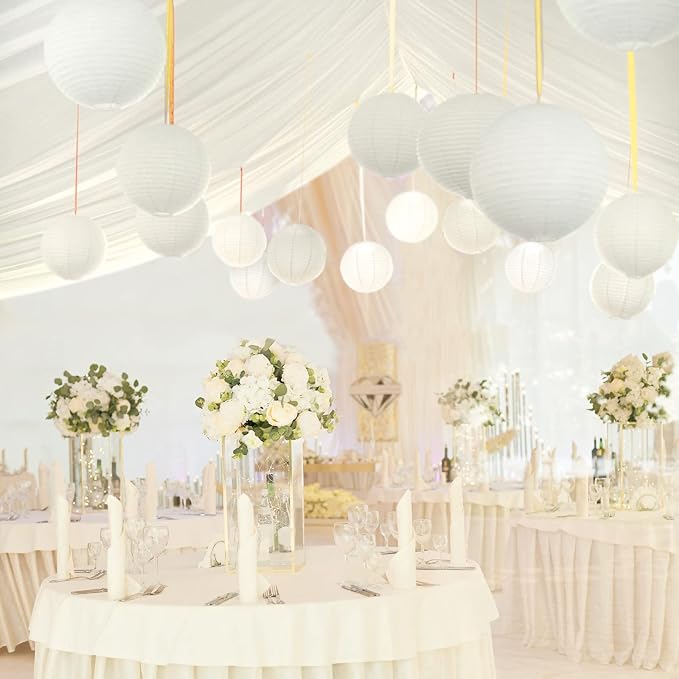 White Hanging Paper Lanterns, Round Chinese Paper Lanterns, Party Wedding Anniversary Decorations, 4 Size - 10 Pieces