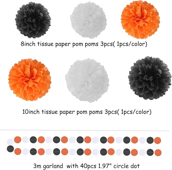 Black White Orange Halloween Party-Decorations - 23pcs Tissue Pom Poms Streamers,Tassel Garland Banner,Graduation 2026 Birthday Wedding Baby Bridal Shower Decor Bunting Lasting Surprise
