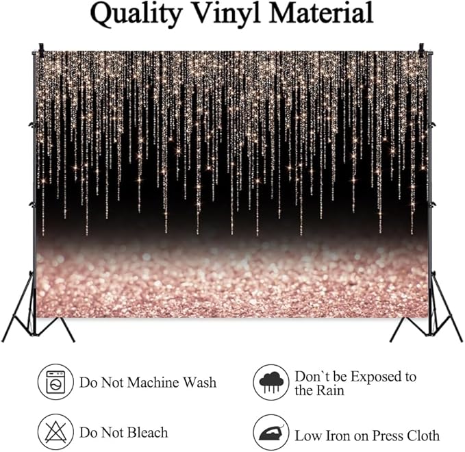 10x7ft Rose Gold Black Glitter Backdrop Rose Gold Pink Black Bokeh Sparkle Sequin Birthday Party Background for Women Girls Graduation Anniversary Baby Shower Banner Kids Portraits Props