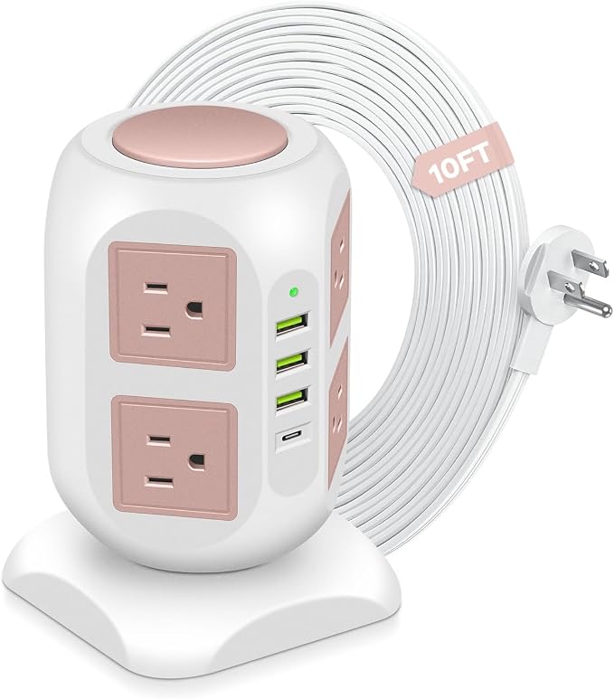 Rose Gold Power Strip Desk Accessories for Women, Girls - Flat Plug Outlet Extender (8 Outlet 4 USB Port) - 10FT Extension Cord Tower Surge Protector - USB C Charging Station - Home Office Room Decor