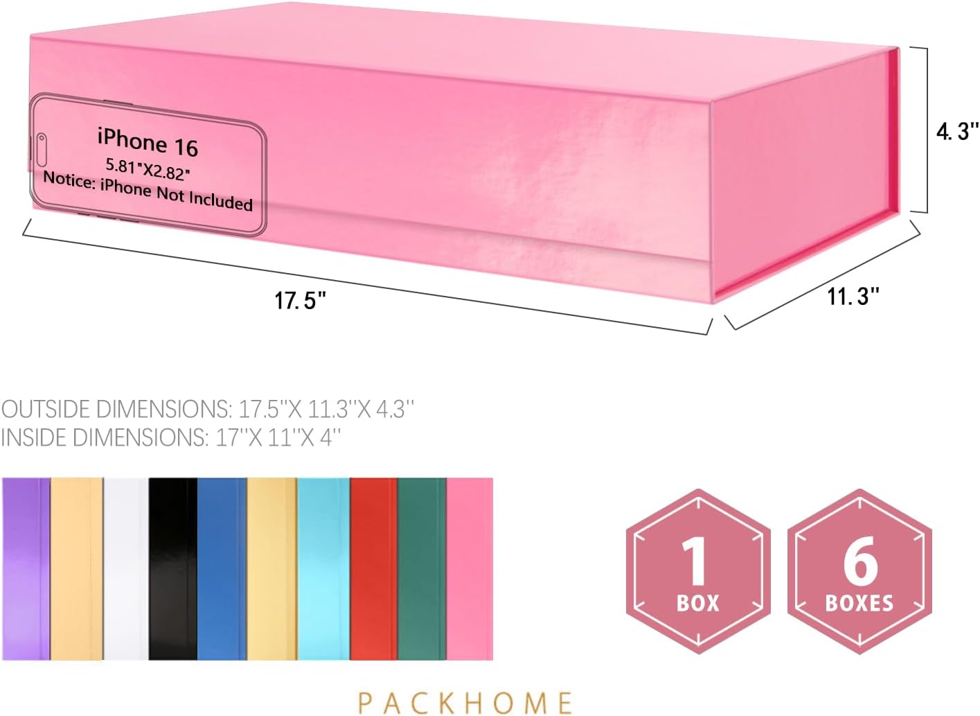 PACKHOME Extra Large Gift Box 17.5x11.3x4.3 Inches, Sturdy Shirt Box with Magnetic Lid for Clothes and Large Gifts (Glossy Pink)