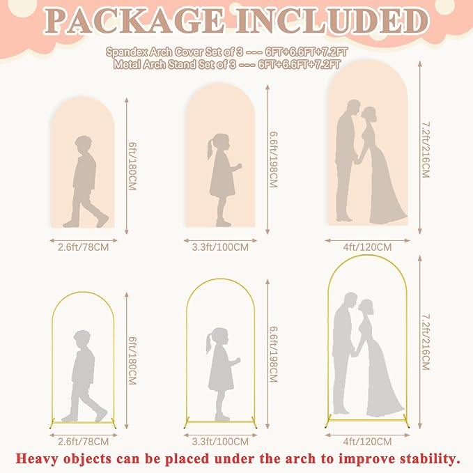 Metal Arch Backdrop Stand and Cover Set 7.2FT, 6.6FT, 6FT Arch Covers Stretchy Backdrop Set of 3 Wedding Arched Frame Balloon Wedding Arch Stand Cover for Birthday Party Baby Shower Decor