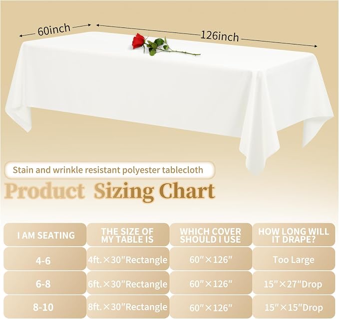 12 Pack Ivory Tablecloths for Rectangle Tables Stain and Wrinkle Resistant Washable Polyester Tablecloth 60 x 126 Inch Table Cloth Rectangle Table 6 Foot Rectangle Table Cloth for Wedding Party
