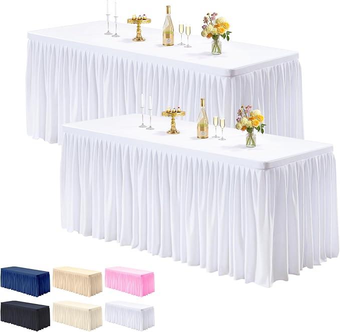 PARTISKY 2 Pack White Tablecloths for Rectangle Tables 8ft, Wrinkle Resistant White Table Cover Fitted Stretch Table Cloth with Pleated Ruffle Skirts for Party Banquet Dining Birthday Wedding