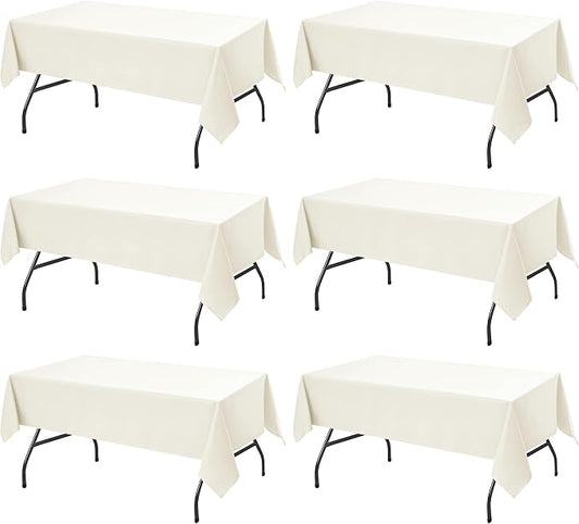 6-Pack Ivory Tablecloths for Rectangle Tables, 60 x 102 Inches, Stain-Resistant Polyester Fabric for 6 Foot Tables - Washable Table Covers for Weddings, Banquets, Birthday, Parties, Events