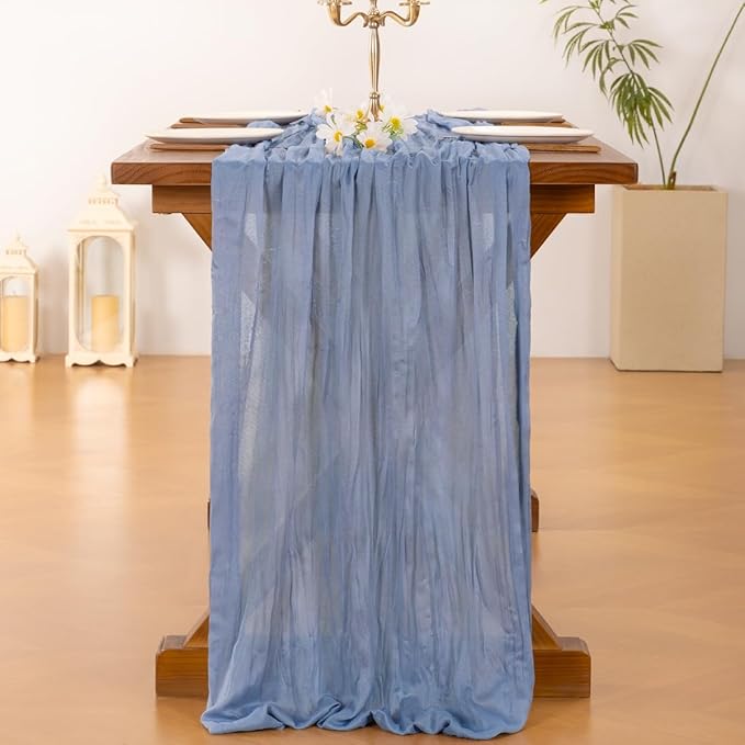 Socomi Dusty Blue Summer Cheesecloth Table Runner Boho Rustic Gauze 120 inch 10FT Cheese Cloth Sheer Runner for Wedding Party Baby Shower Birthday Home Decor Holiday Decorations
