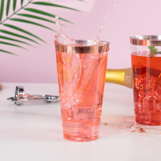 LIYH 100 Pcs Rose Gold Plastic Cups 16 oz - Clear Plastic Tumblers Rose Gold Rimmed Cups Fancy Disposable Wedding Cup Elegant Party Drinking Cup 480ml
