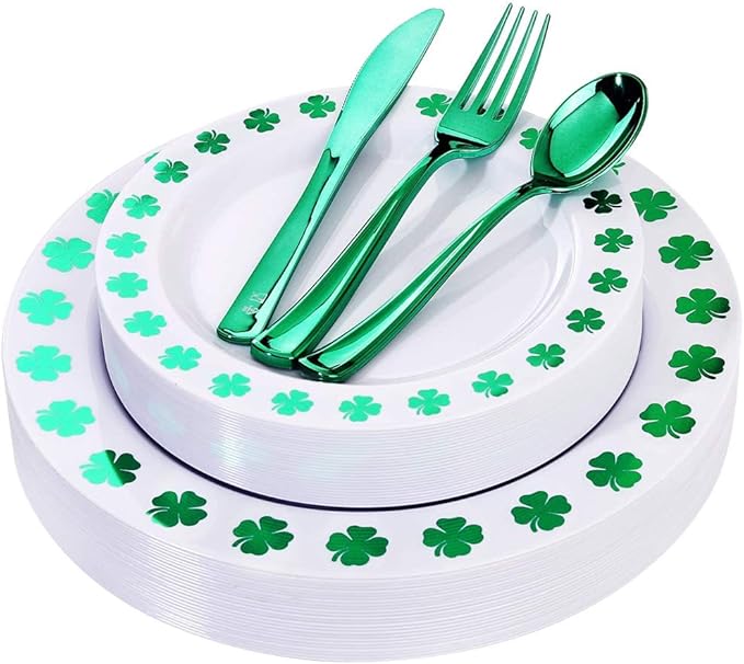 WDF 25Guest St Patrick’s Day Plates - Green Plastic Plates with Shamrock Clover & Disposable Silverware - Premium White and Green Plastic Dinnerware for St. Patrick’s Day