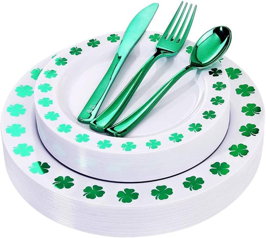 WDF 25Guest St Patrick’s Day Plates - Green Plastic Plates with Shamrock Clover & Disposable Silverware - Premium White and Green Plastic Dinnerware for St. Patrick’s Day