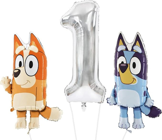 Toyland® Bluey & Bingo Balloon Birthday Pack - 2 x 32" Character Balloons & 1 x 40" Number Balloon - Kids Party Decorations