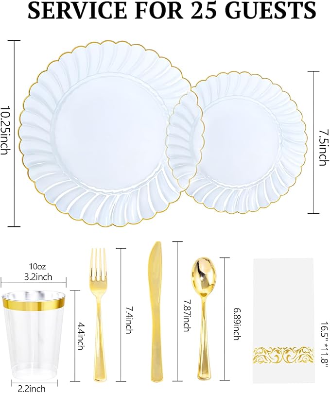 YOUBET 175PCS Clear Blue Scalloped Plastic Plates - Blue and Gold Disposable Dinnerware Set Include 50 Plates, 75 Gold Silverware, 25 Cups, 25 Napkins for Party & Wedding & Baby Shower