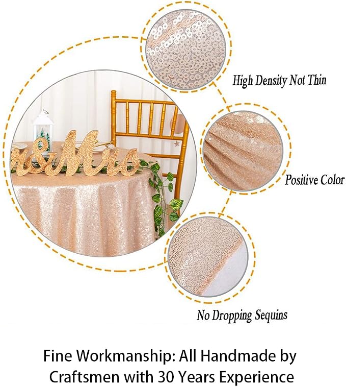 ShiDianYi Sequin Tablecloth Round 72-inch Champagne Blush | Glitter Wedding Table Cover | Elegant Party Decor for Birthday, Cake, Reception & Events