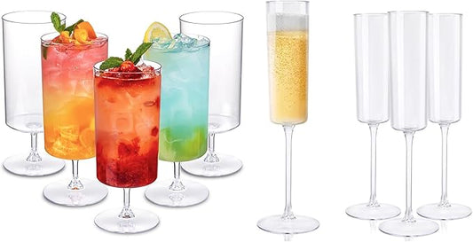 Ciaell 12 Pack Clear Plastic Wine Goblets and 12 Pack Plastic Champagne Flutes for Thanksgiving & Parties & Weddings & Poolside & Toasting & Outdoors