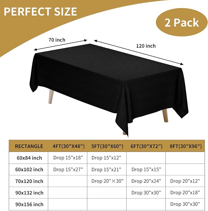 Fixwal Black Tablecloth Rectangle 70 x 120 Inch, 2 Pack 6-8ft Polyester Fabric Table Cloths Rectangular Table Covers for New Year Decorations, Party, Banquet, Dining, Birthday