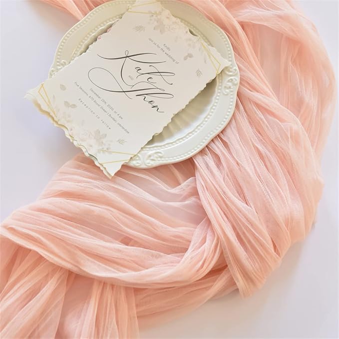Joanlody Peach Cheesecloth Table Runner Spring Summer 10Ft Rustic Gauze Boho Cheese Cloth Table Runner for Wedding Bridal Baby Shower Decoration