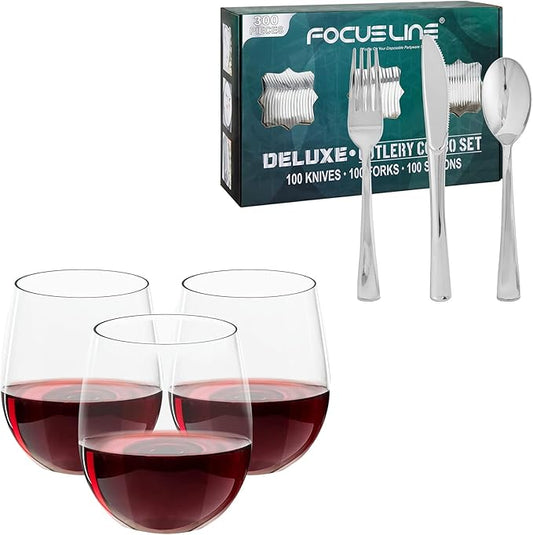 FOCUSLINE 12 OZ 32 Pack Clear Plastic Wine Glasses Stemless and 300 Pack Silver Plastic Cutlery Set for Parties, Weddings, Thanksgiving Day, Christmas