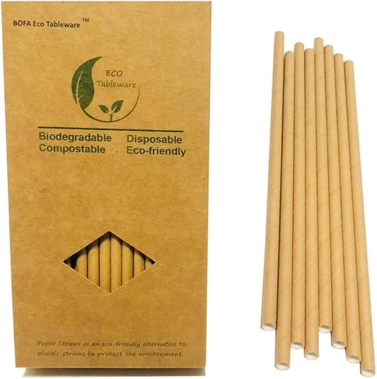 Biodegradable Kraft Paper Drinking Straws,Disposable Brown Straw for Restaurants, Party Supplies and Mixed Drinks - 7.75" x 0.24", Box of 100