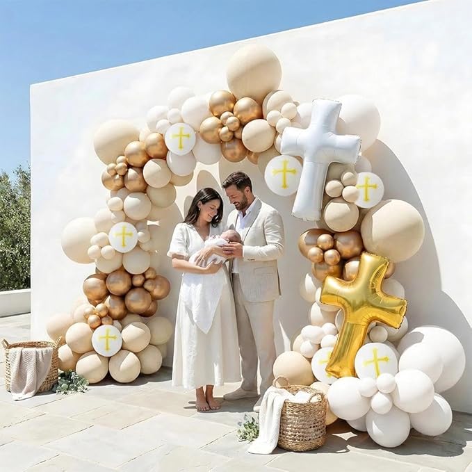 Neutral Baptism Balloon Decoration Kit with 2 Cross Foil Balloons, Double Stuffed Sand White Ivory Gold Balloon Arch Garland for First Holy Communion, Christening, God Bless Party Supplies