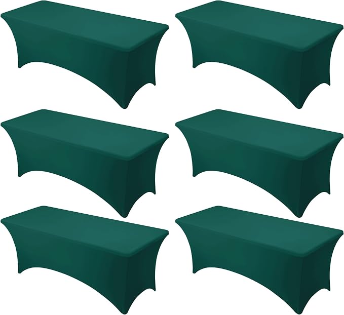 6-Pack Premium Hunter Green Spandex Tablecloths for 8ft Rectangle Tables, Stain & Wrinkle-Resistant, Washable Stretch Polyester Fitted Table Cover for Weddings, Banquets, Trade Shows Events