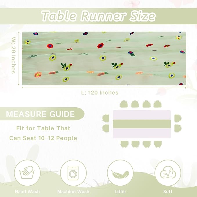 QueenDream 10FT Sage Green Floral Spring Table Runner Embroidery Daisy Gauze Table Runner for Summer Baby Shower Wedding Birthday Party