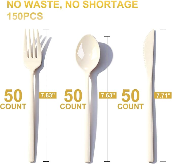 Tinybee 150PCS Ivory Plastic Silverware - Heavy Duty Disposable Silverware, Luxury Ivory Plastic Utensils - Elegant Disposable Utensil Include 50 Knives, 50 Forks, 50 Spoons Perfect for Party&Wedding