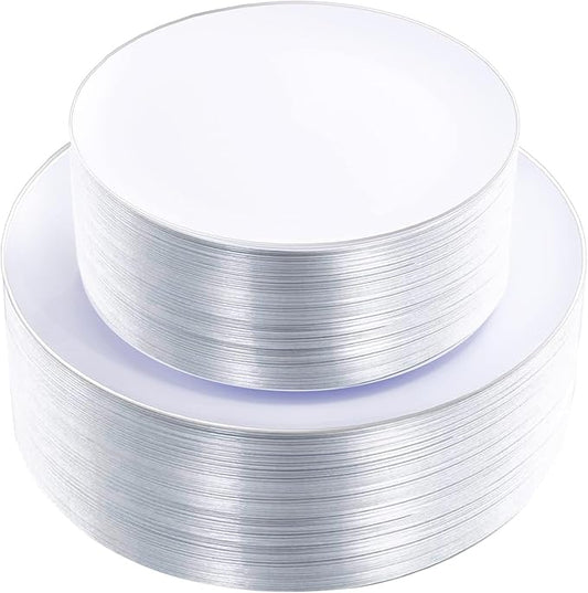 KIRE 100PCS Silver Plastic Plates - Heavy Duty White Disposable Plates with Silver Rim for Party/Wedding - Include 50Pcs 10.25inch Dinner Plates and 50Pcs 7.5inch Dessert Plates for Wedding/Party